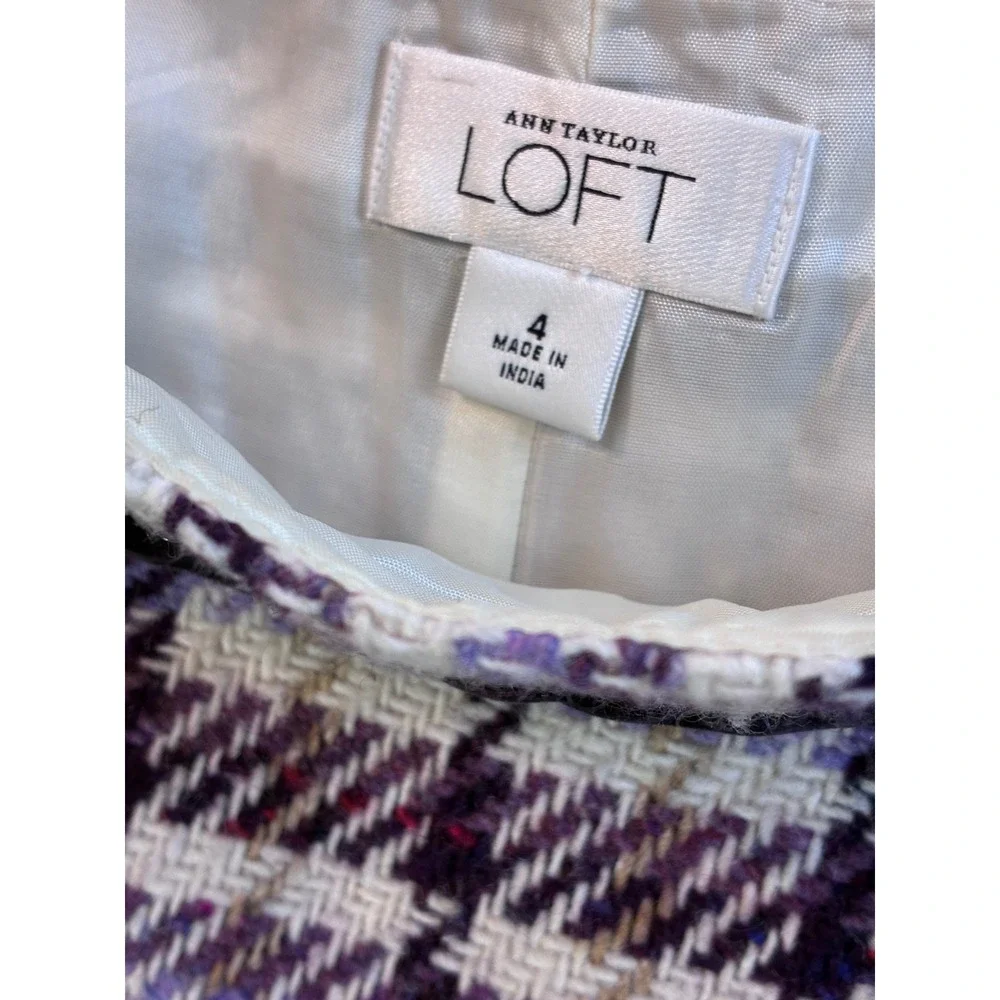 Ann Taylor LOFT Plaid Tweed Skirt Purple Gray Women's Size 4 Mini